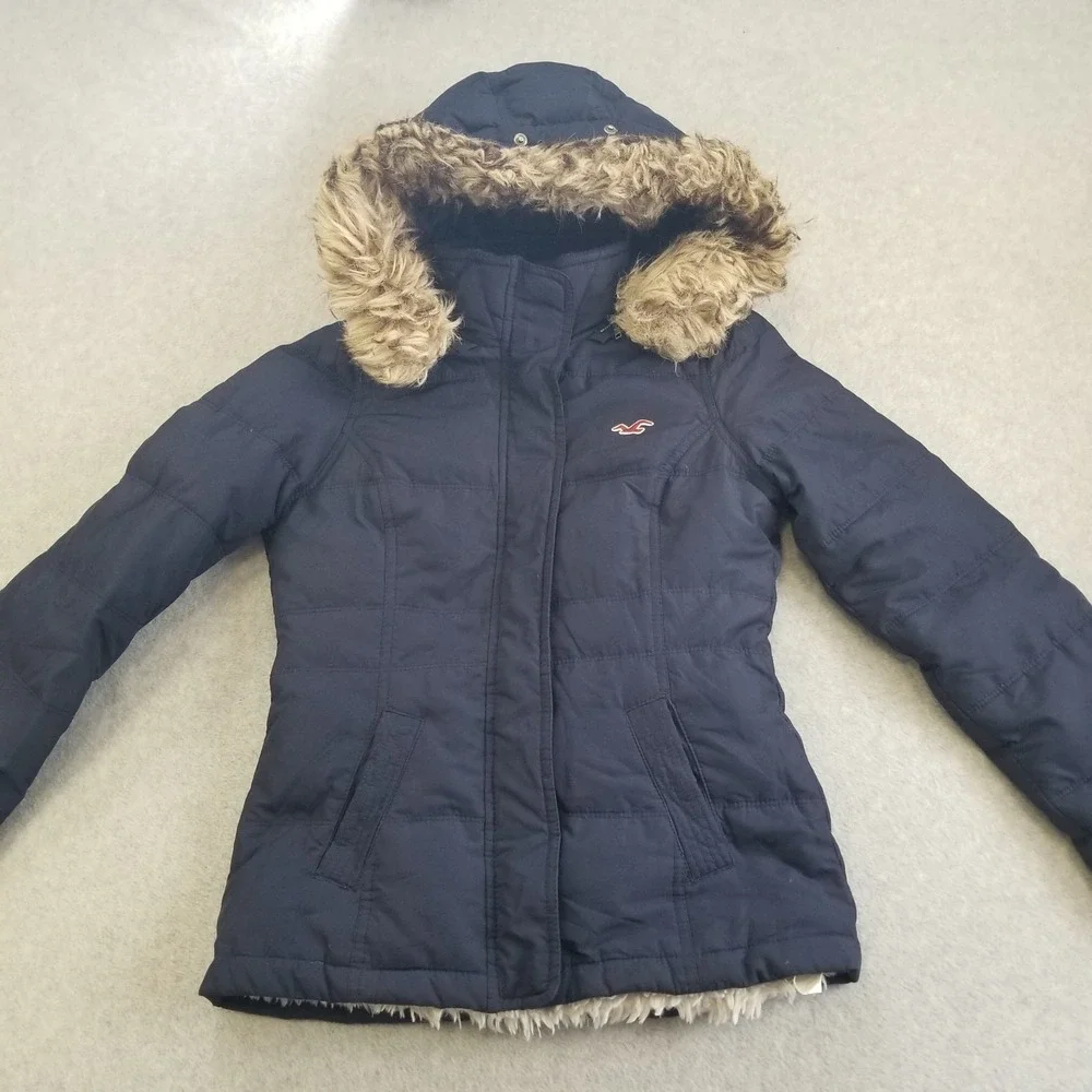 Y2K Hollister Jacket Womens Small Blue Faux Fur Hooded Down Coat Vintage Sherpa‎